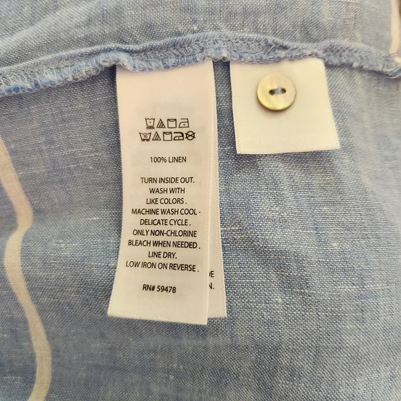 Tahari Linen Blouse Tunic Pastel Blue Roll-up Sleeves Full Button Front Vee Neck - Picture 8 of 10